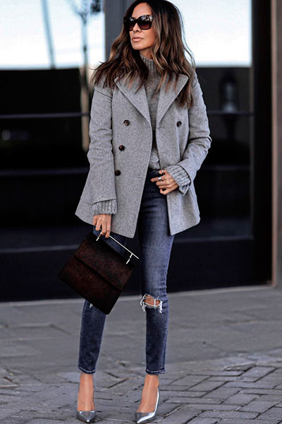 Women’s pea coat and jeans